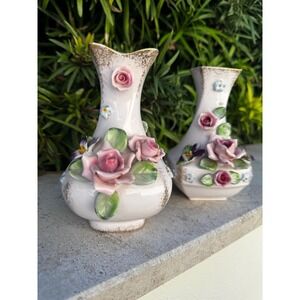 Vintage Lamour China Porcelain Vases – Hand-Painted Roses, Cottage Decor